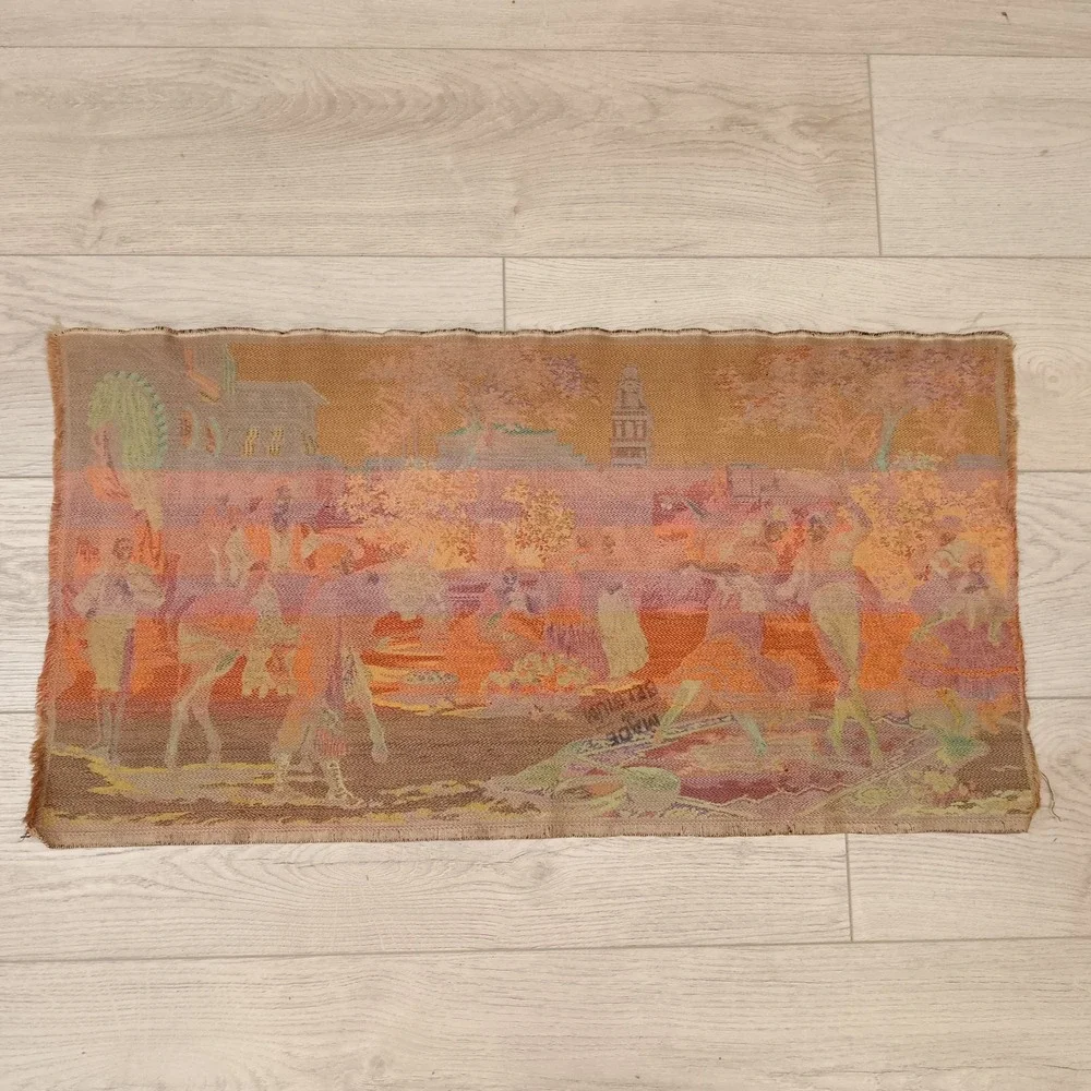 vintage Belgian wall hanging tapestry depicting dancing celebration town square